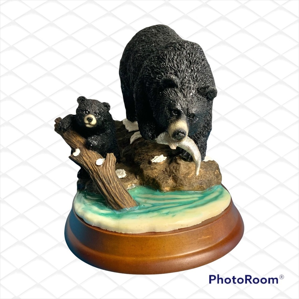 Vintage Heavy Resin Black Bears Mama/Cub Fishing Figurine